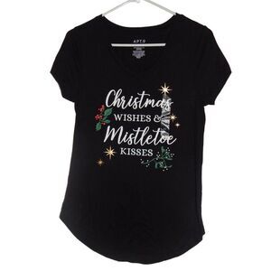 APT 9 women x-small Christmas Wishes Mistletoe Kisses black holiday graphic tee